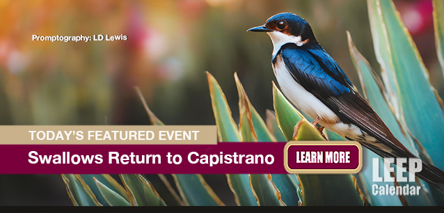 No Image found . This Image is about the event Swallow Day, San Juan Capistrano (US-CA): March 19. Click on the event name to see the event detail.